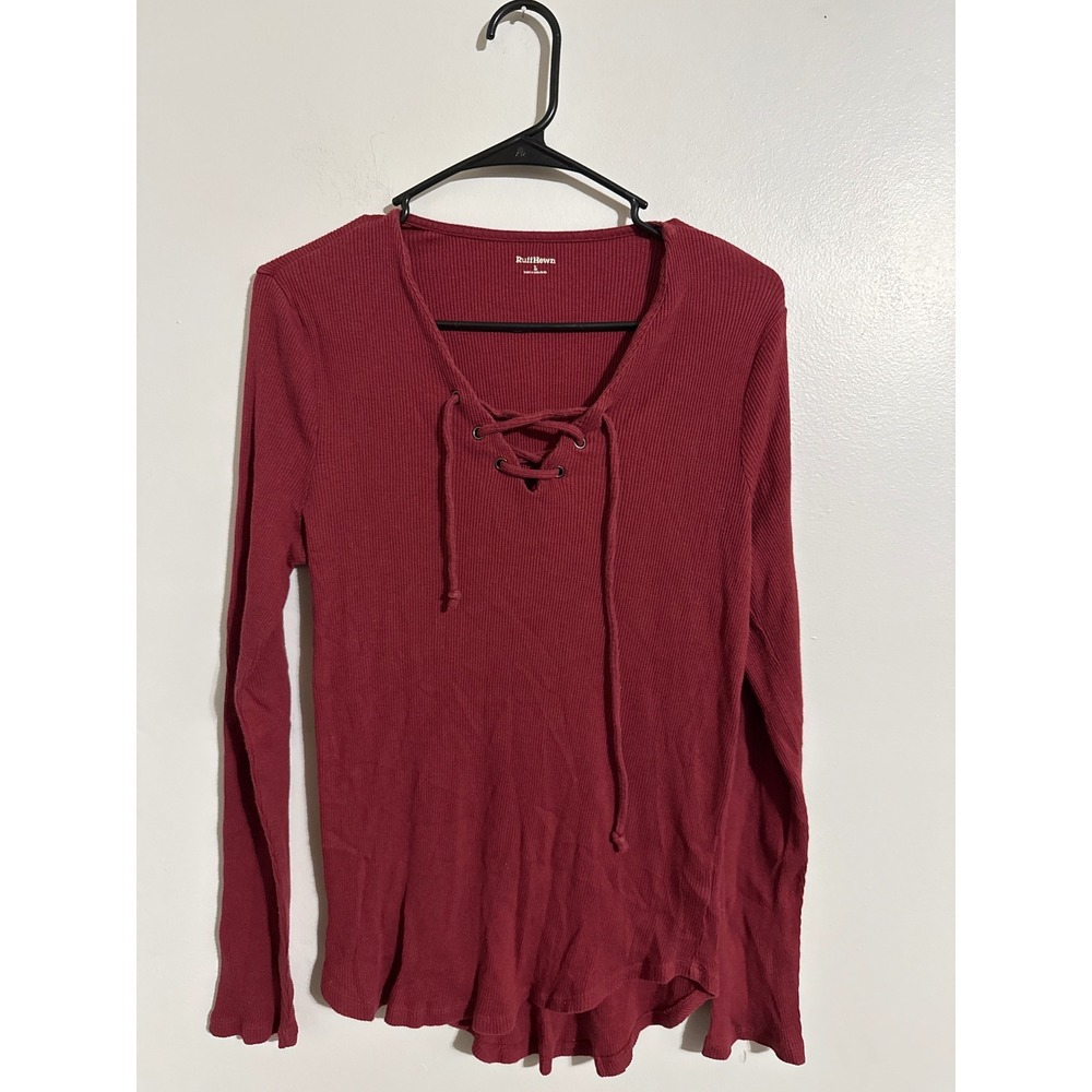 RuffHewn Womens Ribbed Lace Up Long Sleeve Top Burgundy Red L Cotton Modal